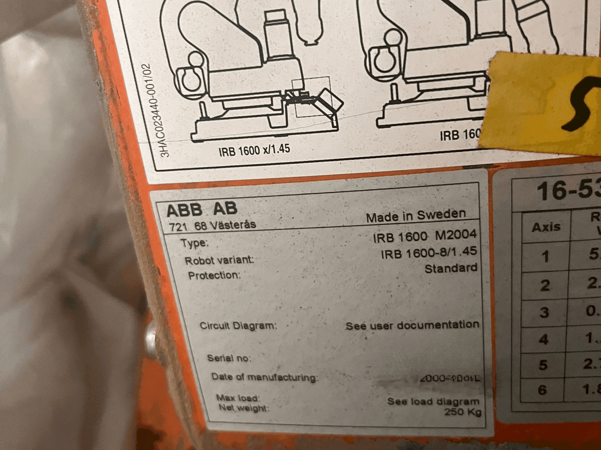 Placa de identificação da ABB IRB 1600 M2004 máquina