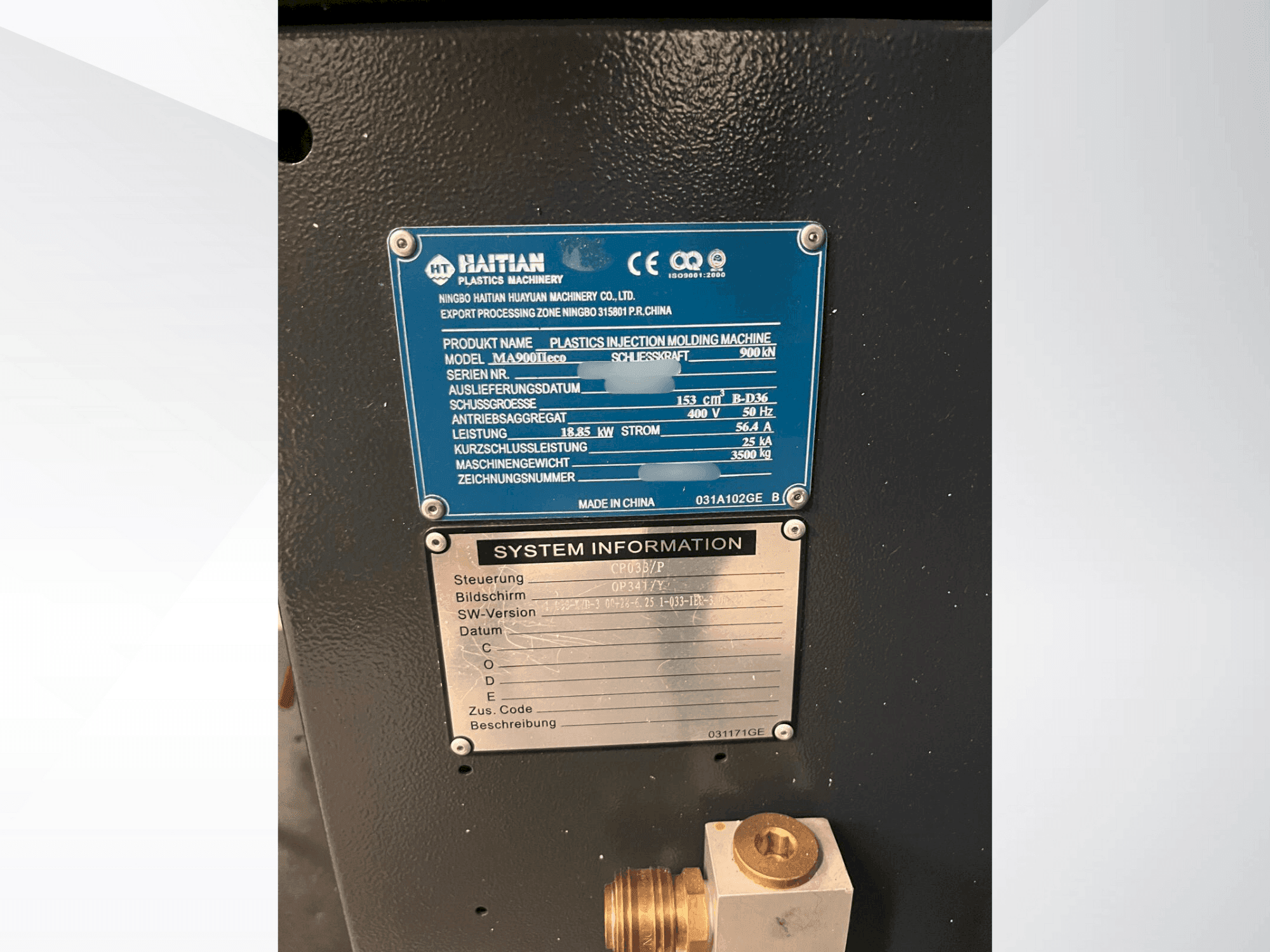Placa de identificação da HAITIAN MA900 II eco máquina